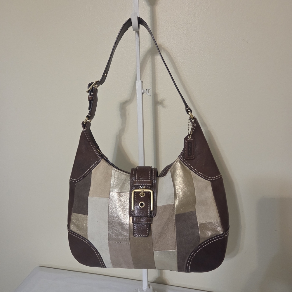Vtg Y2k coach hampton mosaic large hobo suede collection brown leather purse bag